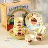 5pcs/set Happy Family of Four Cute Ceramic Plates Bowls Cup Spoon Chopstick Cute Cartoon Household Tableware Gift Box