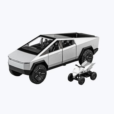SHEFEITE Tesla Cybertruck 1:32 Kovový model auta Diecast Stříbrný 15,6x6x5,5cm se světly zvuky otevíracími dveřmi kufrem odnímatelným motocyklem