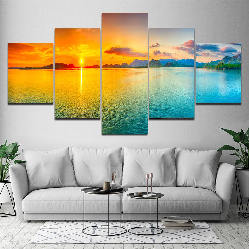 5 Pieces Natural Blue Beach Sunset Landscape Canvas Painting Seascape Posters And Prints Wall Art Pictures Home Decor No Frame