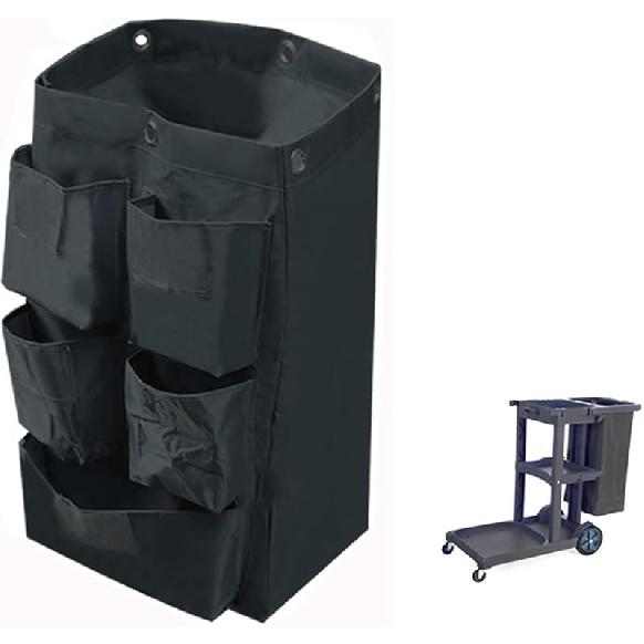 Replacement Janitorial Cart Bag with 5 Pockets,25 Gallon Housekeeping cart Bag High Capacity Waterproof Thickened Commercial Janitorial Cleaning Cart Black With 5 Pockets