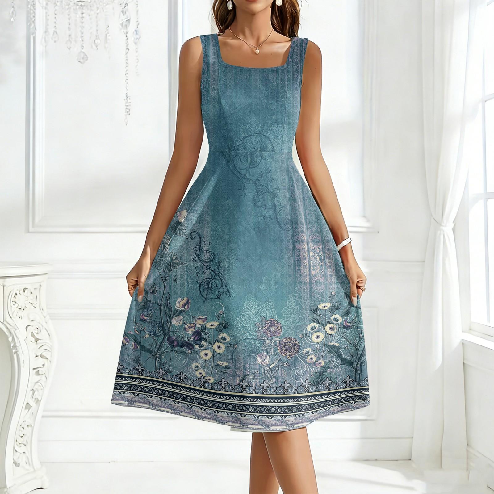 

Sleeveless Square Neck Floral Print Midi Dress for Women Casual A Line Summer Sundress Lightweight Soft Fabric L