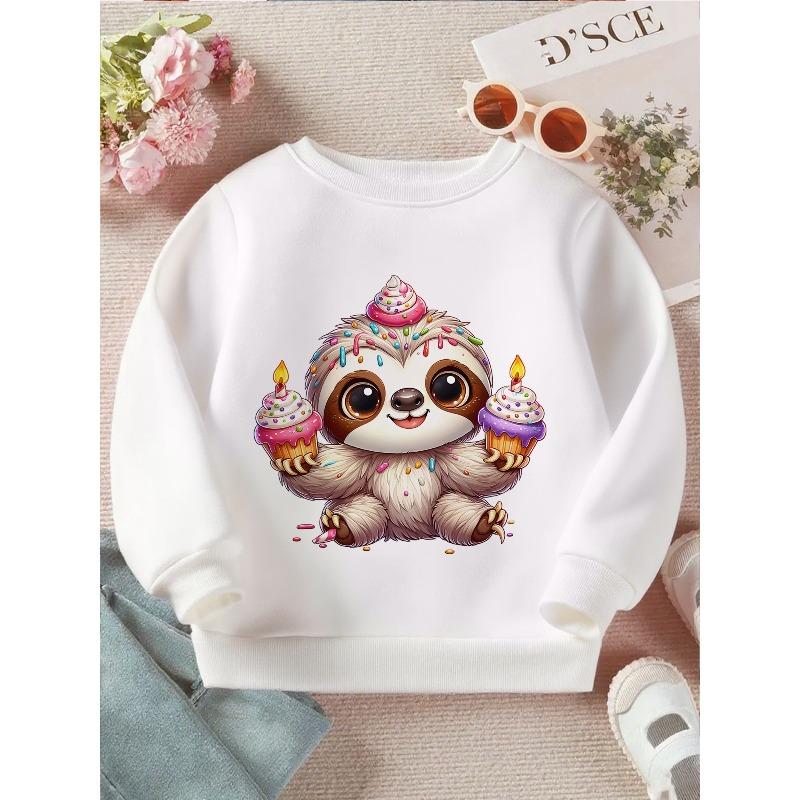 European Sizes Kids"Cuddly Sloth Celebration"Print Long Sleeve Crewneck Sweatshirt - Soft Casual Pullover Top with Cute Graphic Print