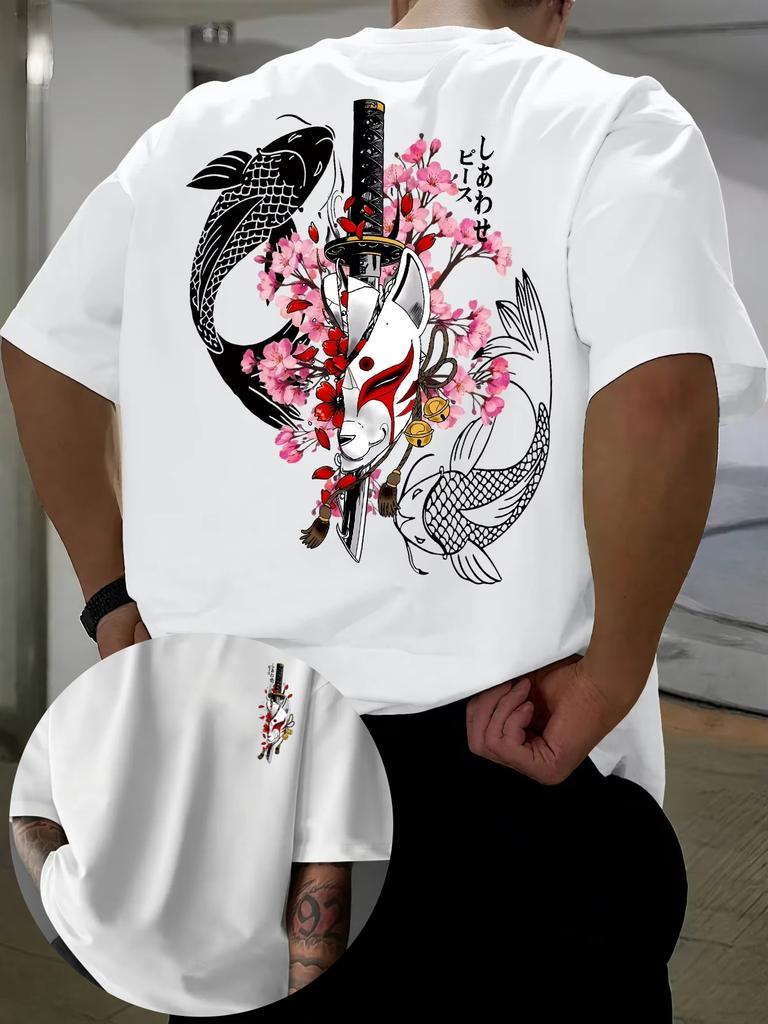 2026 Japanese Koi Fish Kitsune Mask Samurai Tshirt Unisex Cherry Blossom Graphic Tee Oversized Streetwear Casual Short Sleeve Tops
