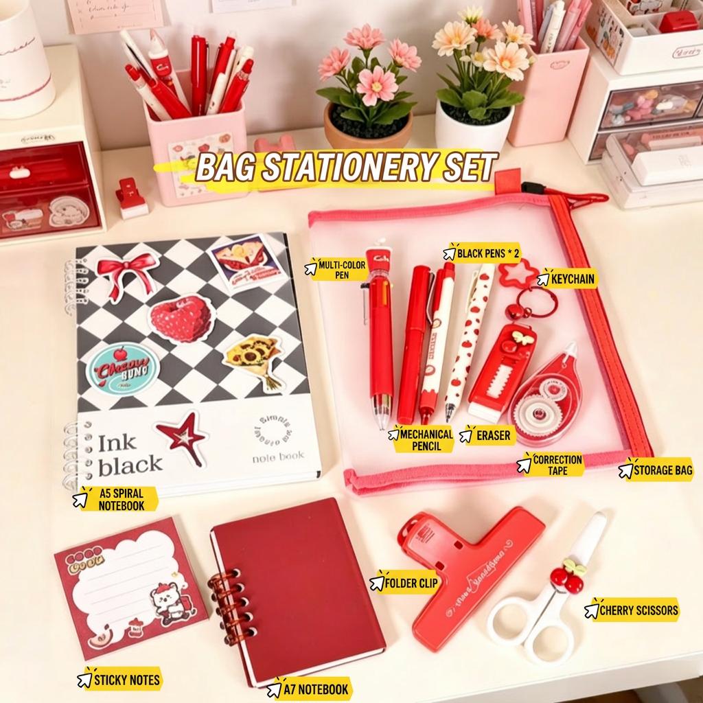 

Good-looking Red Stationery Set With Large Zipper Pouch for Students, Ideal Gift for Birthday Graduation Holiday Party