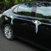 All Weather Car Flower Set Artificial White Rose Wedding Decoration, Door Handle & Rearview Mirror Bouquet Fairy Tale Decor with Satin Ribbon Bow And