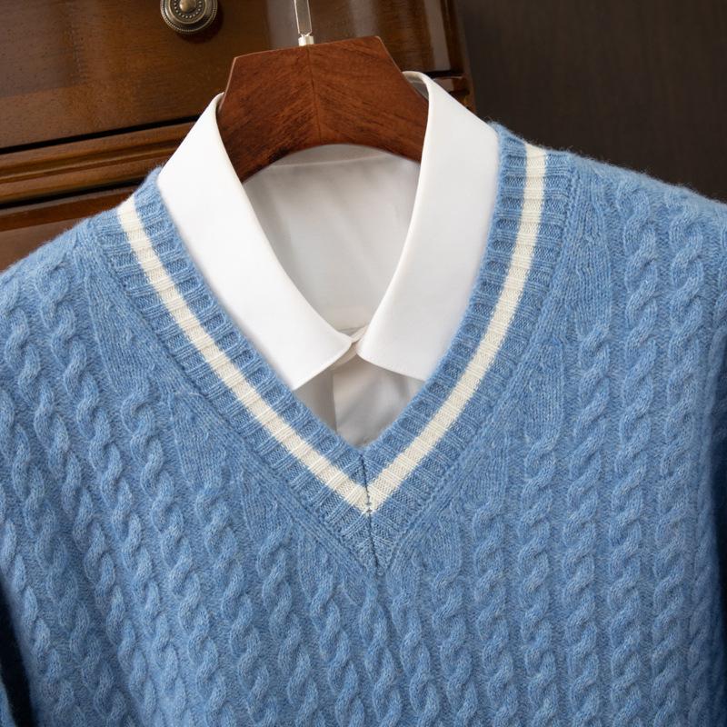 Men`s Wool V-Neck Color Block Sweater