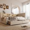 Daybed, 90*200cm, Sofa Bed, with 2 Drawers, USB + Type C, Multiple Storage Compartments, Bed with Slatted Frame (without Mattress), Linen, Beige