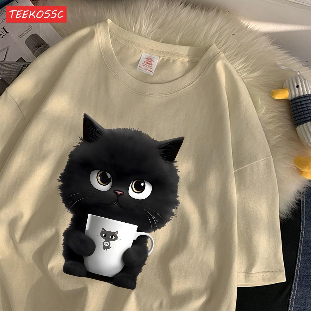 

Летние хлопковые женские футболки с принтом котенка, держащего чашку, уличная одежда, дышащая, с круглым вырезом, свободная, повседневная уличная женская одежда XXXL
