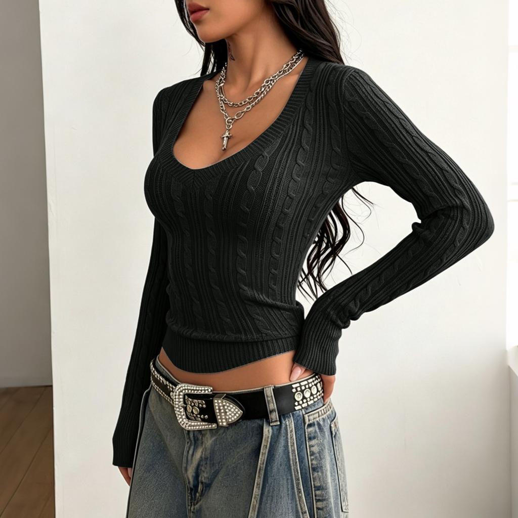 Women's Cable Knit V-Neck Sweater Slim Fit Cropped Long Sleeve for Spring and Fall