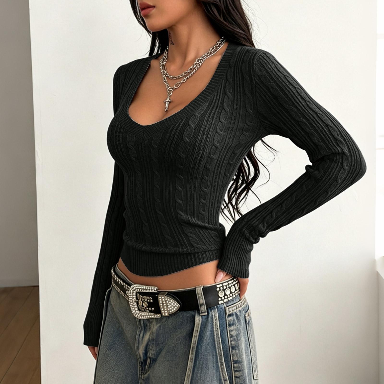 Women s Cable Knit V-Neck Sweater Slim Fit Cropped Long Sleeve for Spring and Fall L