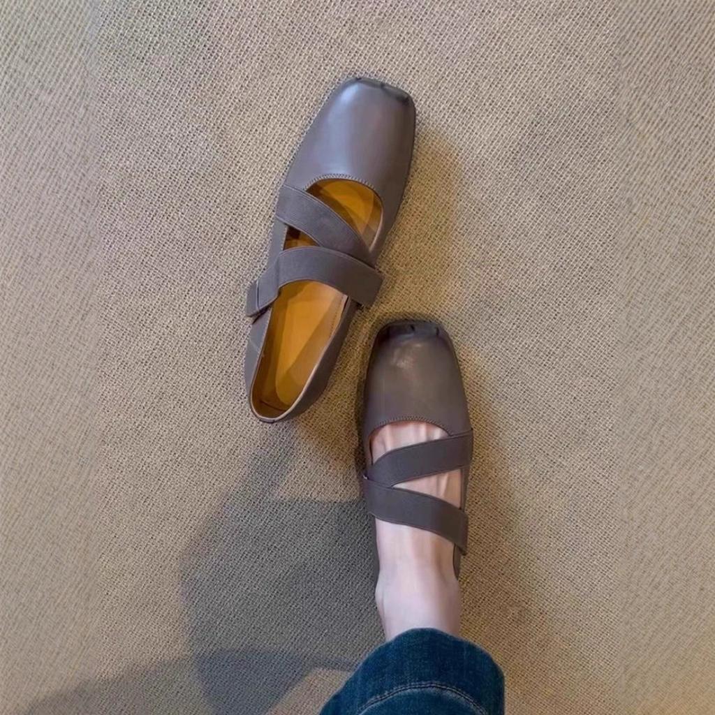 Sheepskin version~ Retro square head pig nose Mary Jane shoes women's cross strap light mouth thick heel ballet shoes commuter shoes
