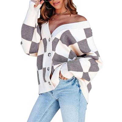 Women's Casual Sweater Coat Loose Plaid V-Neck Button Long Sleeve Knitted Cardigan