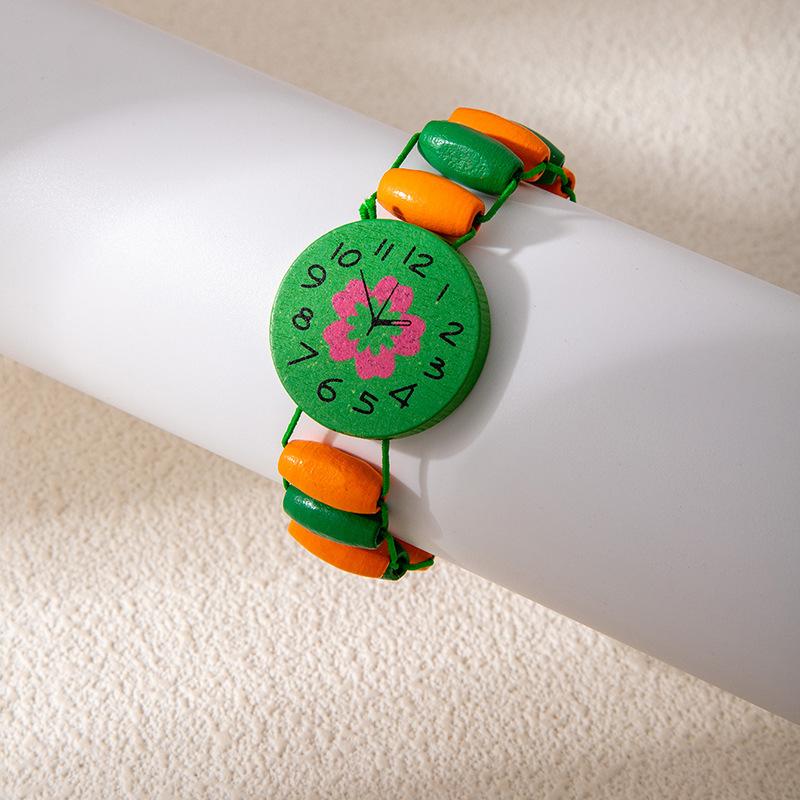 Cute Cartoon Children'S Colorful Bracelet Wood Watch Shape Bracelet Wood Painted Flower Bracelet