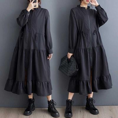 New Loose Retro Fashion Pleated Splicing Mid-Length Zipper Style Dresses