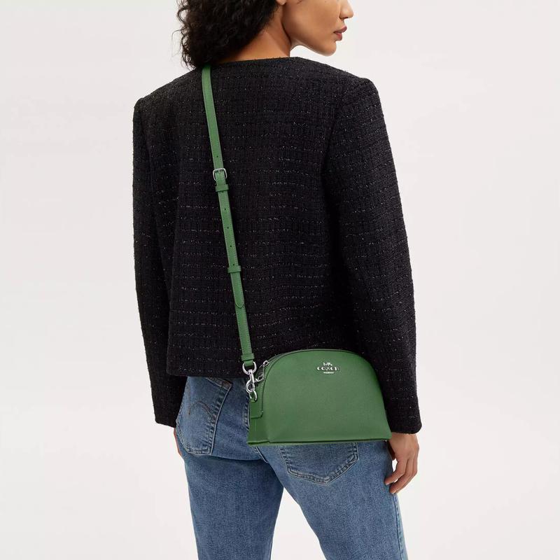 Coach Madi 22 Zipper Closure Cross-grain Leather Shell Bag Shoulder Crossbody Bag Small Size Women's Silver with Light Green
