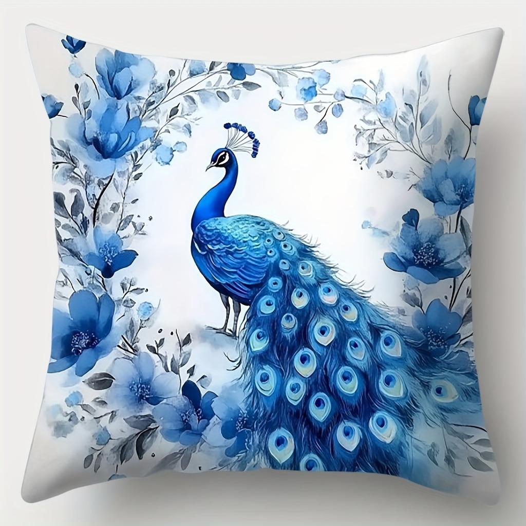 Blauer Pfau Floral Luxusmuster Heimdeko Kissenbezug Wohnzimmer Sofa Polyester Kissenhülle Mit Reißverschluss