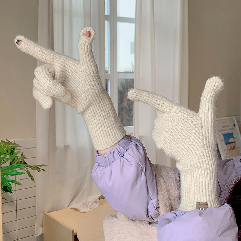 Extended Solid Color Versatile Knitted Gloves Female Student Finger Warm Gloves Male