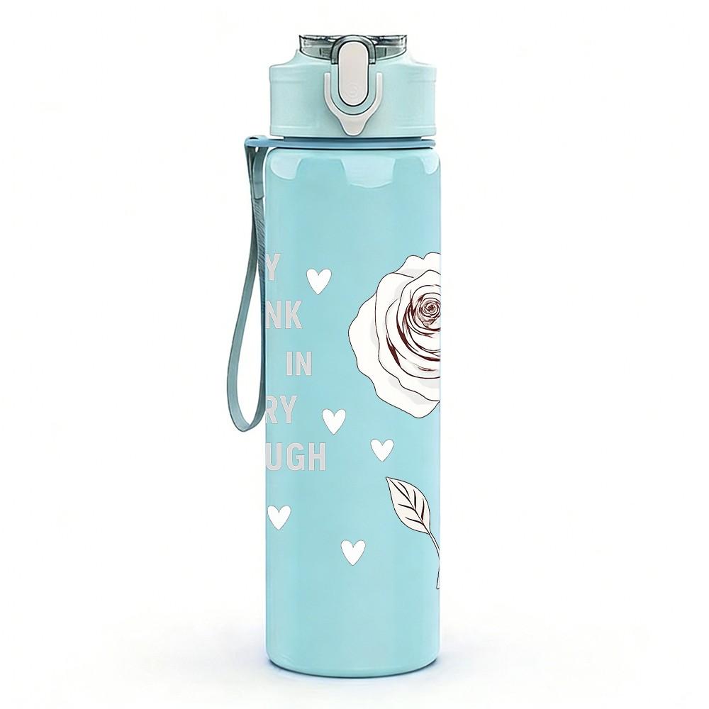 1PC White Rose Flower Quote Pattern 750ml Color Plastic Sports Water Bottle Leakproof Flip Straw Lid Suitable for Sports Office Home Use
