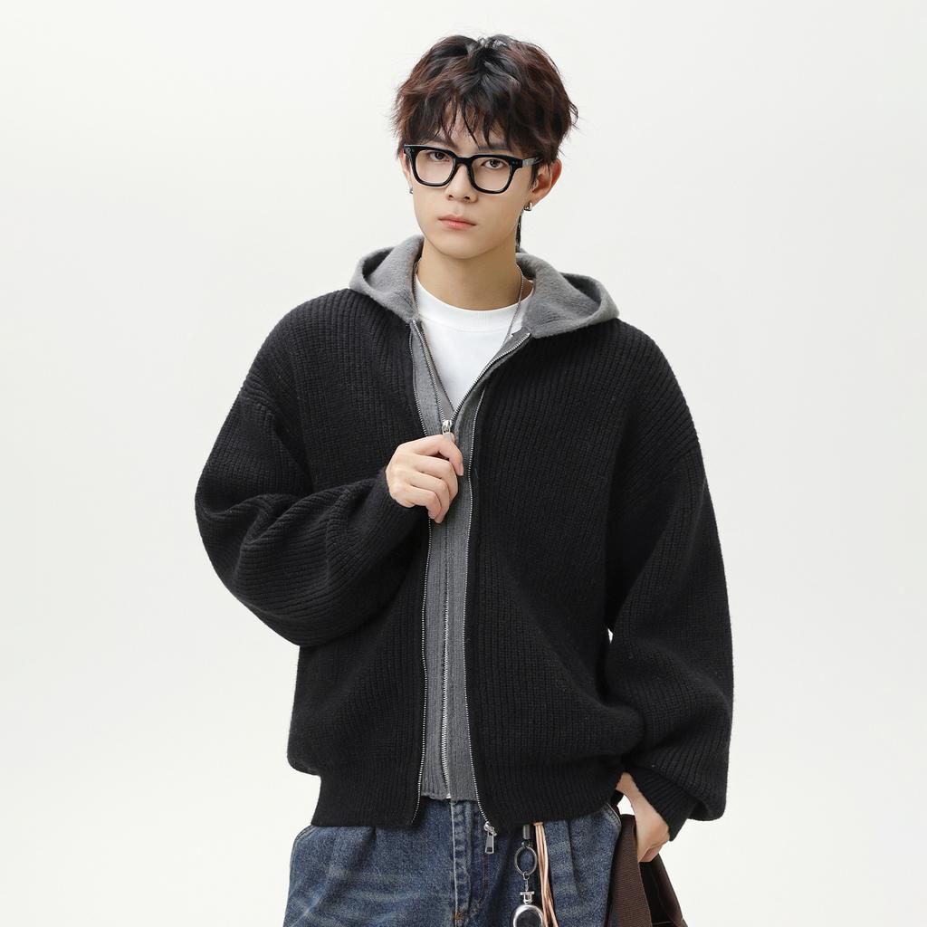Fake Two Piece Hooded Cardigan Faux Deerskin Fleece Loose Knit Sweater Coat For Men