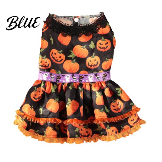 Autumn Pet Clothing Halloween Pumpkin Dog Dress Black Lace Neck Outfit Ruffled Comfortable Apparel Festive Party Costume