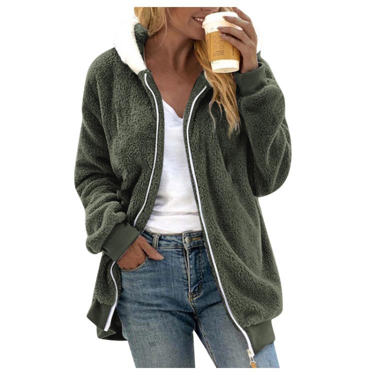 Women's Casual Solid Color Loose Plush Hooded Jacket With Pockets Zippered
