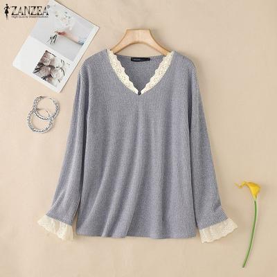 Damen Spitzenbesatz V-Ausschnitt Freizeit Langarm T-Shirts