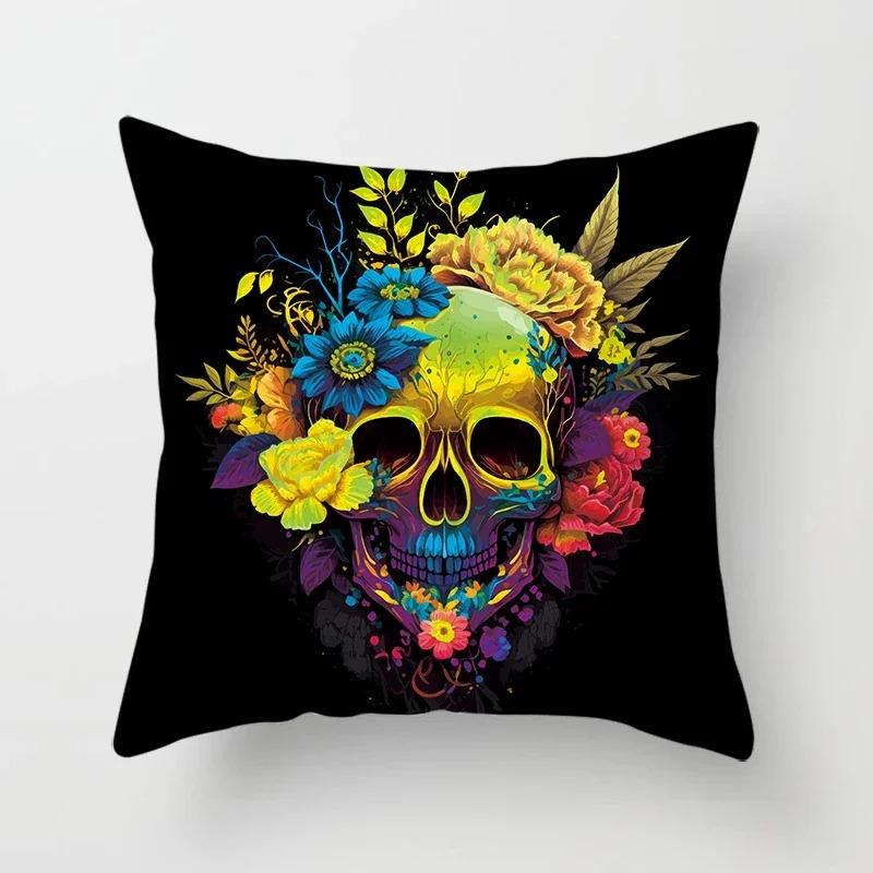 Home Decor Colorful Skull Flower Pillowcase Decorative Print Square Car Sofa Fashion Cushion Cover