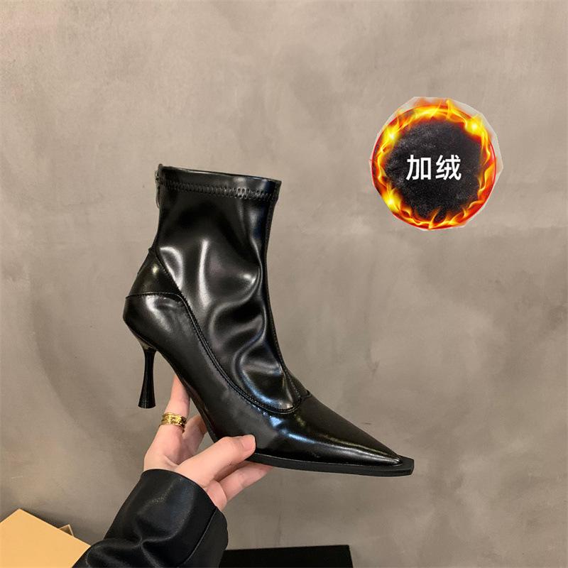 Kortstövlar med hög klack höst och vinter nya barstövlar spetsiga lackläder retro tunna stövlar tunnklackade bruna kortstövlar