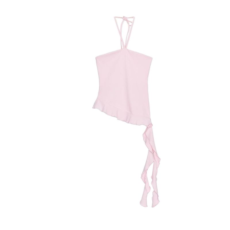 Summer New Product Women's Clothes Hanging Collar off-the-Shoulder Bow Shoelace Laminated Decoration Texture Tops 3641810