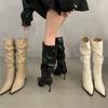 Pleated thin heel essential boots pointed pile Spice girl boots heightening knight boots show long legs