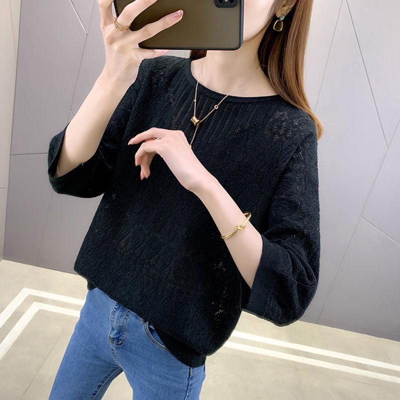 Hollow Knit T-shirt for Women Spring and Summer Round Neck Knit Sweater Loose Top for Women