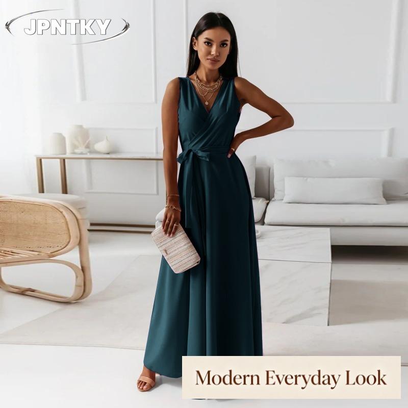JPNTKY Fashion Summer Spring Solid Color Print Sleeveless V-Neck Casual Dresses