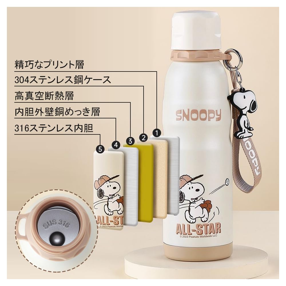 Snoopy Water Stainless Insulates Hot or Easy to Perfect for and Outdoor Unisex Bottle, Lightweight, Slim, Steel, 600ml, Cold, Clean, Leak-Proof,