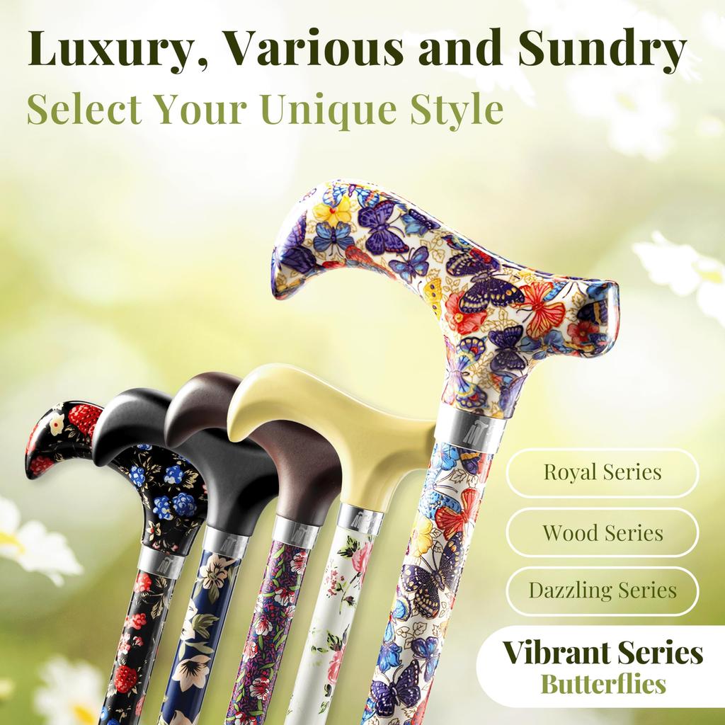 Merry Sticks Foldable Walking Adjustable Canes for Women and Folding and Collapsible Canes for Includes A Cane Bag and A Smart Reflective Cane Holder