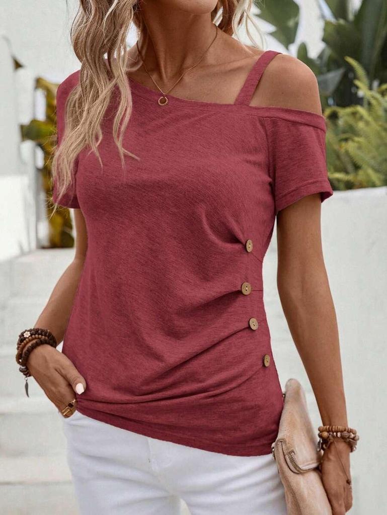 Women's Sexy Off-Shoulder One-Shoulder Solid Color Short Sleeve Top
