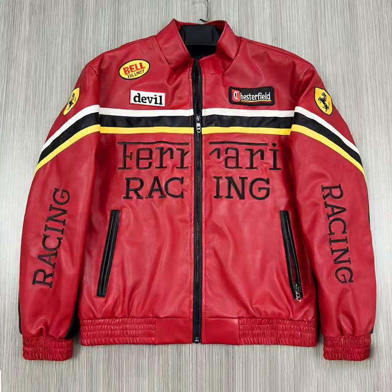 F1 Rennanzug Bestickte Lederjacke - Harley Retro Motorradstil, Baumwoll-Fahranzug, PU-Jacke