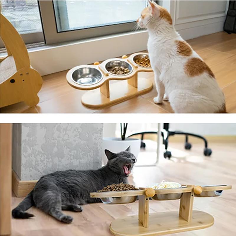 Pet Food Bowl with 3 Stainless Steel Bowls Wooden Pet Bowl Rack  Adjustable and Detachable Suitable for Cats and Dogs