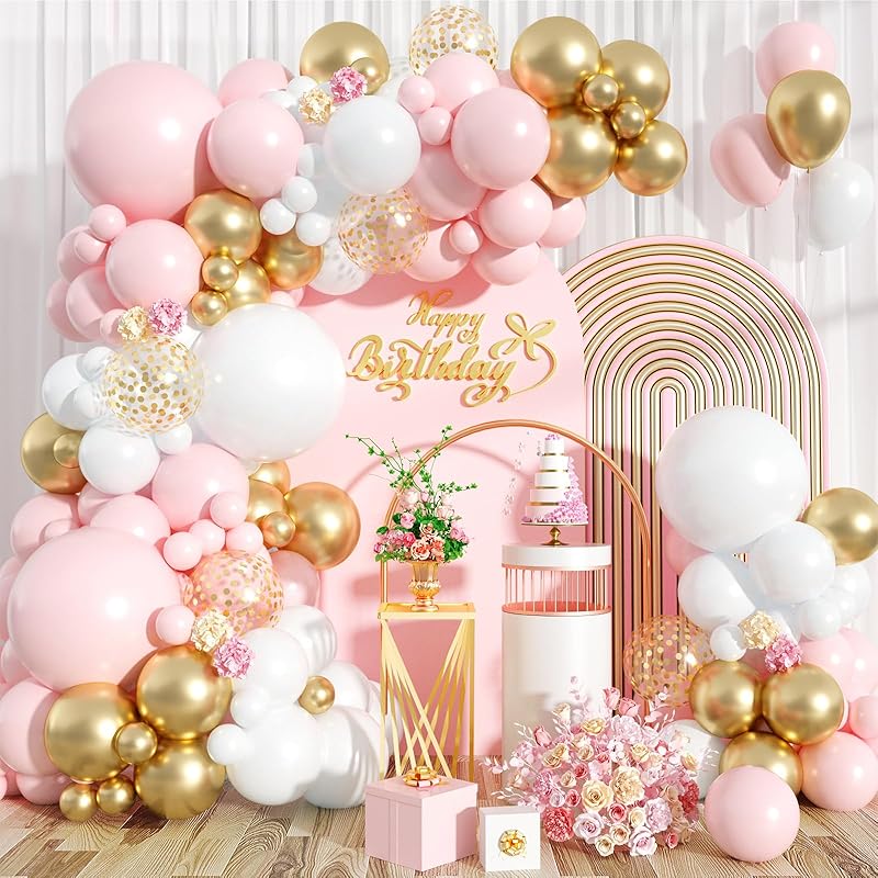 Pink and White Balloon Arch Kit, 121PCS Pink and Gold Balloon Garland Pastal Pink White Gold Confetti Balloons for Girls Birthday Baby Shower Wedding