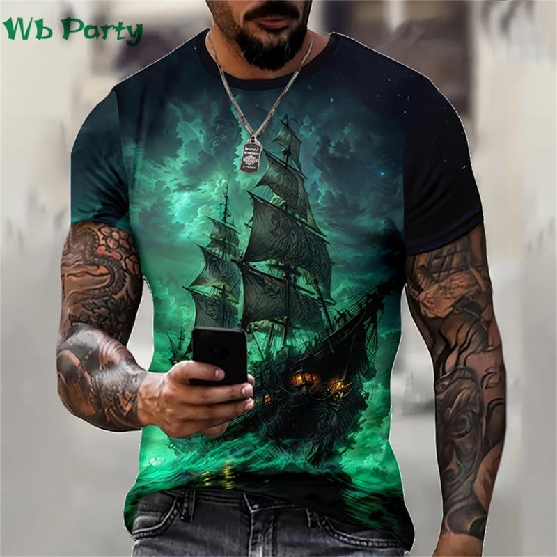 Pattern Print Mens Clothing T Shirt for Men Short Sleeve Tee Gym Clothing Men Male T-shirt Pirate Ship Print Clothes