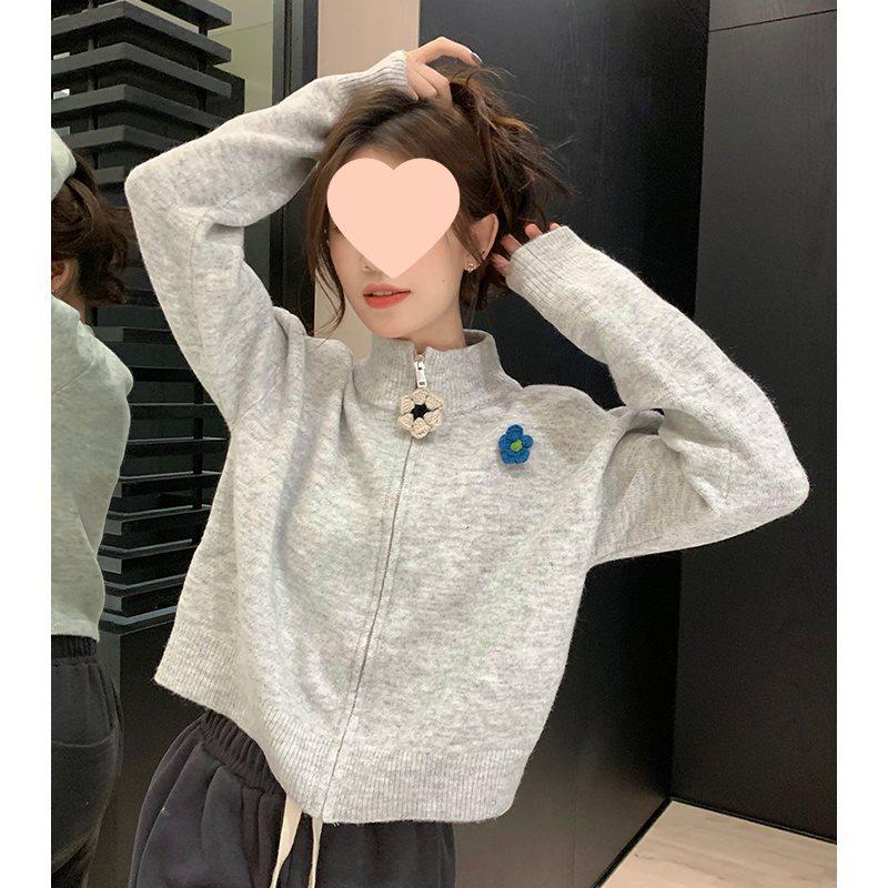 

Women s Gray High Neck Zipper Sweater Coat: Petite Loose Knit Cardigan for Spring & Autumn