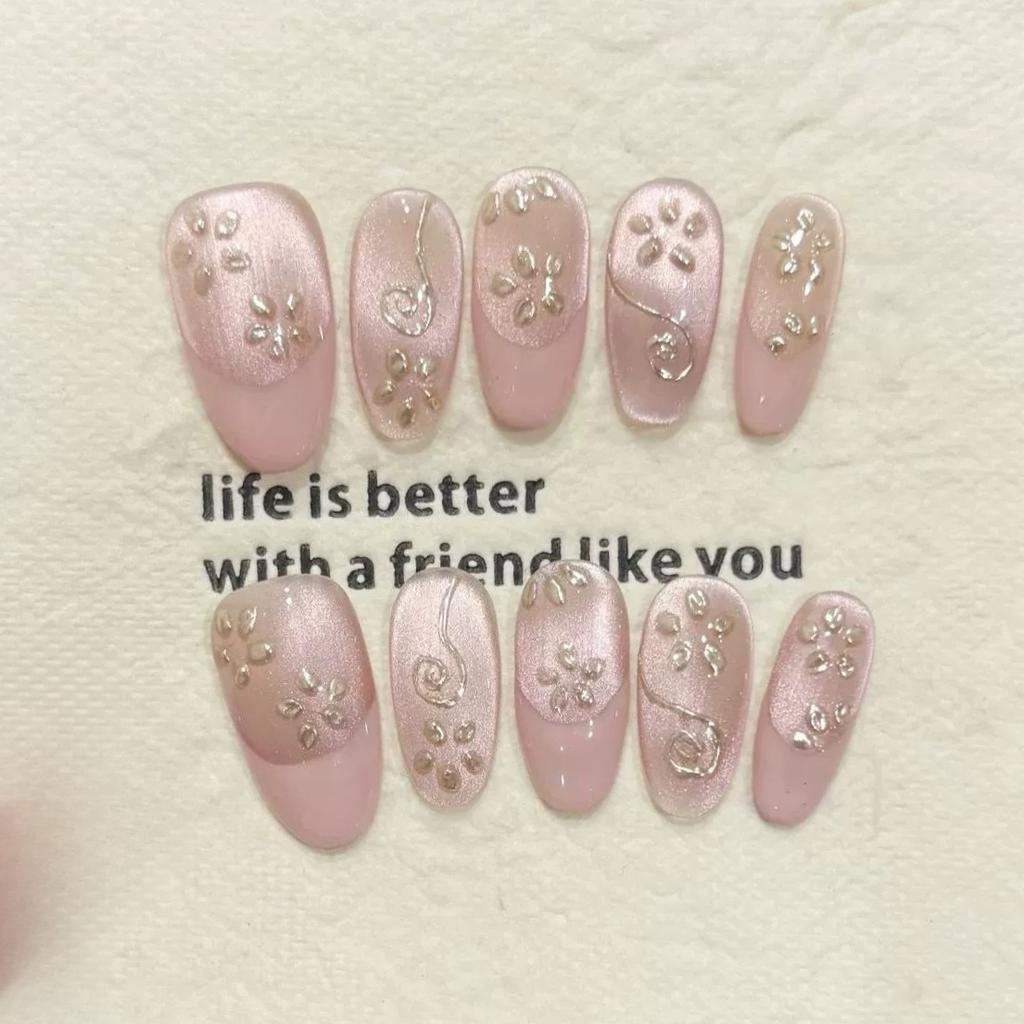 10Pcs Nude Pink Short Almond Press On Nails With Gold Stripe Bow 3D Floral White French Tip Reusable Stick On Manicure