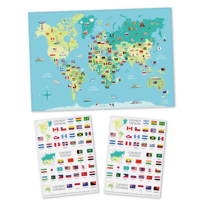 Carte du monde pour enfant avec stickers drapeaux 66 x 44 cm
