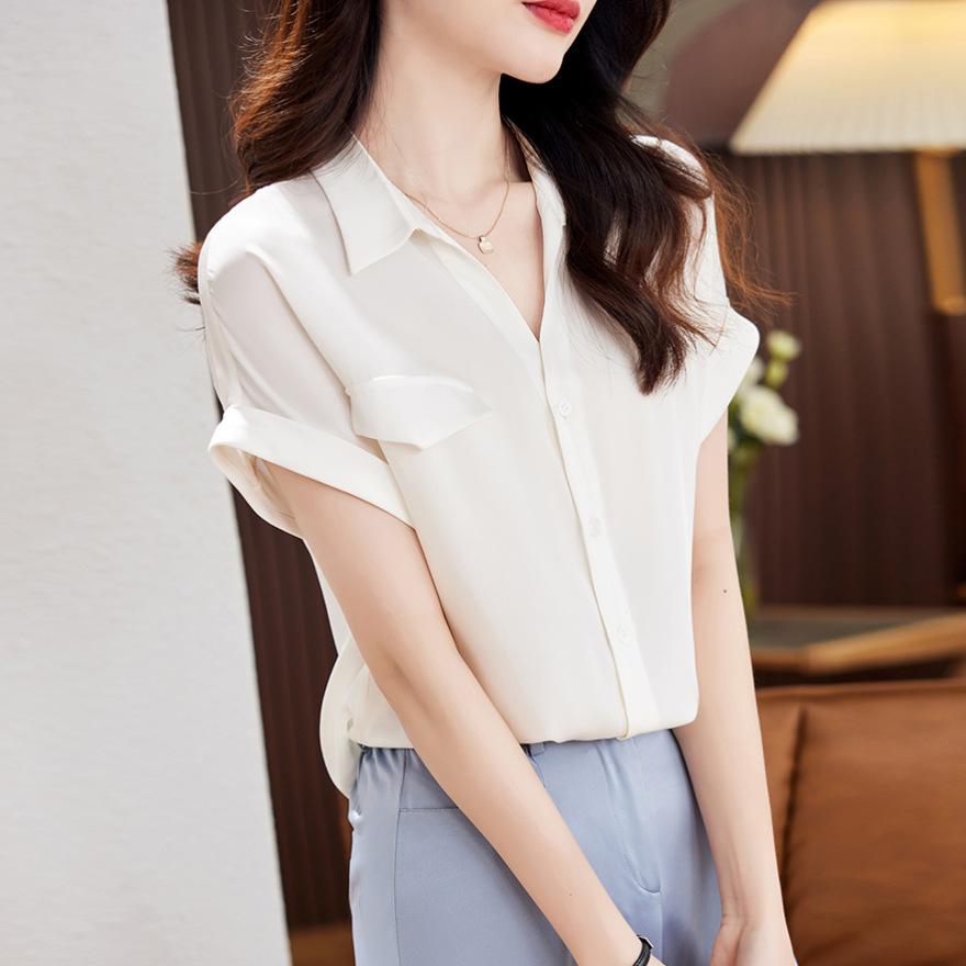 

Модная трендовая шелковая рубашка женская с коротким рукавом летняя новая темпераментная из тутового шелка топ XXL белый