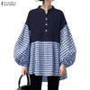ZANZEA Women Plaid Print Splice Long Sleeve Loose Casual Blouse