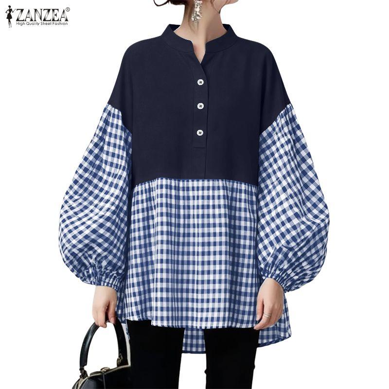ZANZEA Women Plaid Print Splice Long Sleeve Loose Casual Blouse