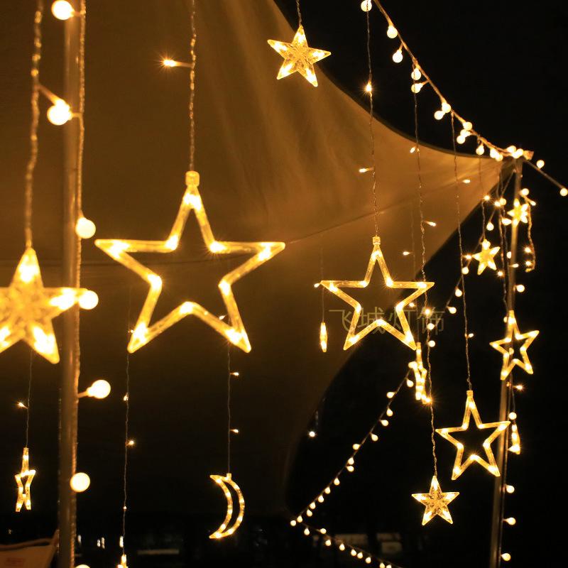 LED Solar Lichterkette - Stern & Mond Vorhang, Outdoor Camping & Feiertags-Feendekor