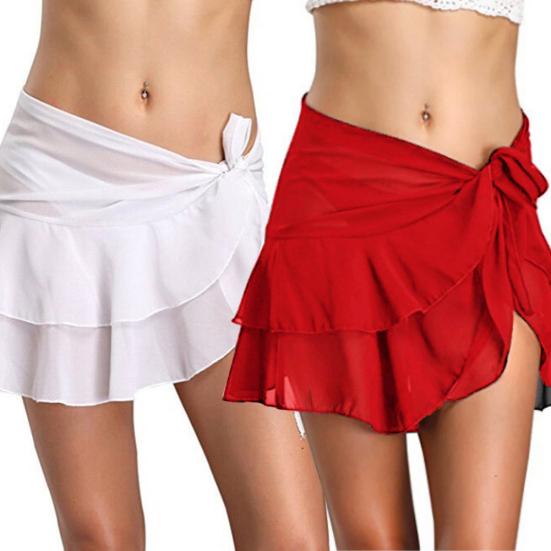 Women Solid Color Bandage Beach Bikini Cover Up Swim Skirt Ruffled Wrap Sarong