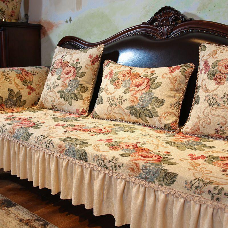 Bestickter Sofaüberwurf mit unregelmäßigem Rand Chenille Rutschfest Sofahandtuch Kissenbezug Europäischer Stil Rot Grün Sofakissen mit Saum