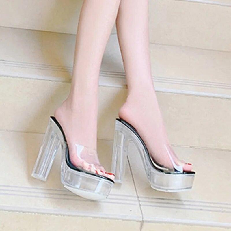 Frauen Dicke High Heels Flacher Mund Kristall Transparent Sexy Bühne Laufsteg 13 cm Absatz 3,5 cm Plattform WZ