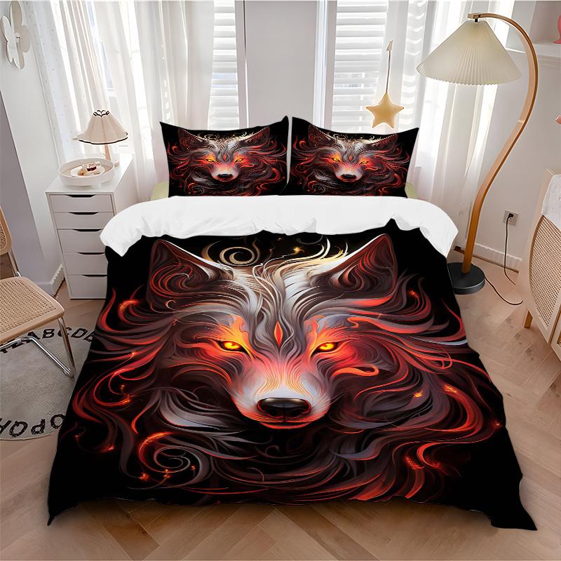 3pcs Flaming Wolf Printed Quilt Set - Includes 1 Quilt Cover and 2 Pillowcases, Machine Washable - Suitable for All Seasons.J054